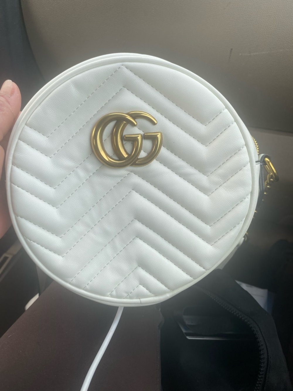 Gucci White Quilted Round Crossbody with Gold Double G Hardware